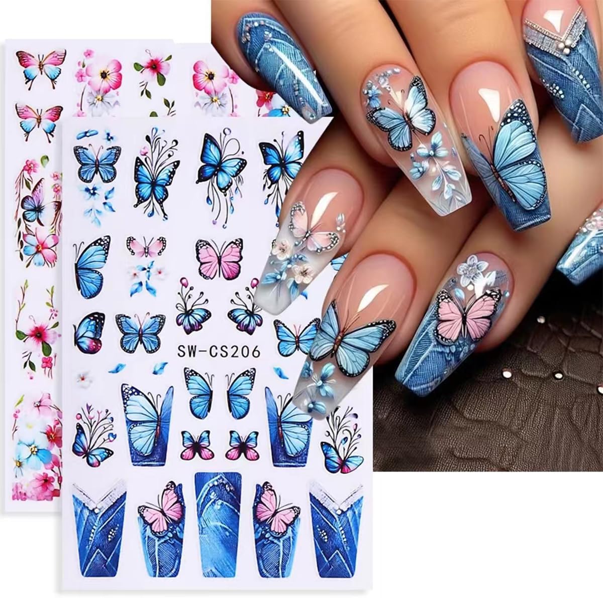 6Pcs Butterfly Nail Stickers for Nail Art Spring Flower Nail Decals French Tip Nail Art Stickers Retro Blue Pink Butterflies Floral Nail Design Supplies Cute Nail Decoration for Acrylic Nails Charm