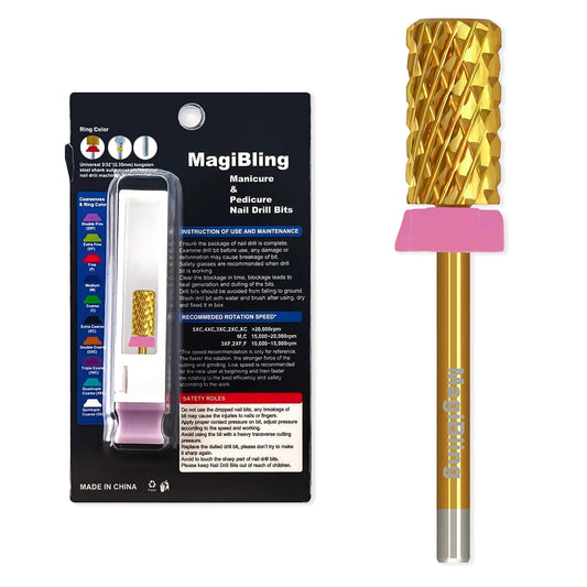 Super Cut Large Barrel Nail Drill Bits, 3/32'' Professional Tungsten Carbide Bits, Remove Hard and Soft Gel Fast, Right Hand Use, Manicure Pedicure Cuticle Gel Polishing, Gold Color, Triple Coarse.