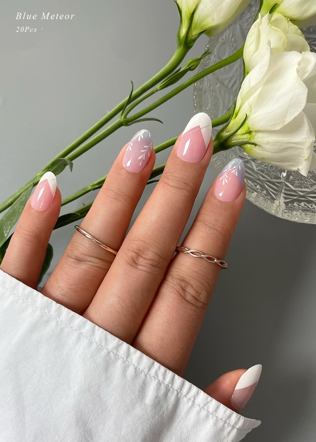 Semi Cured Gel Nail Strips (Pink Diamond), White French, 20 Pcs Gel Nail Wraps, Stickers, UV Light Required, Salon Quality, Long Lasting