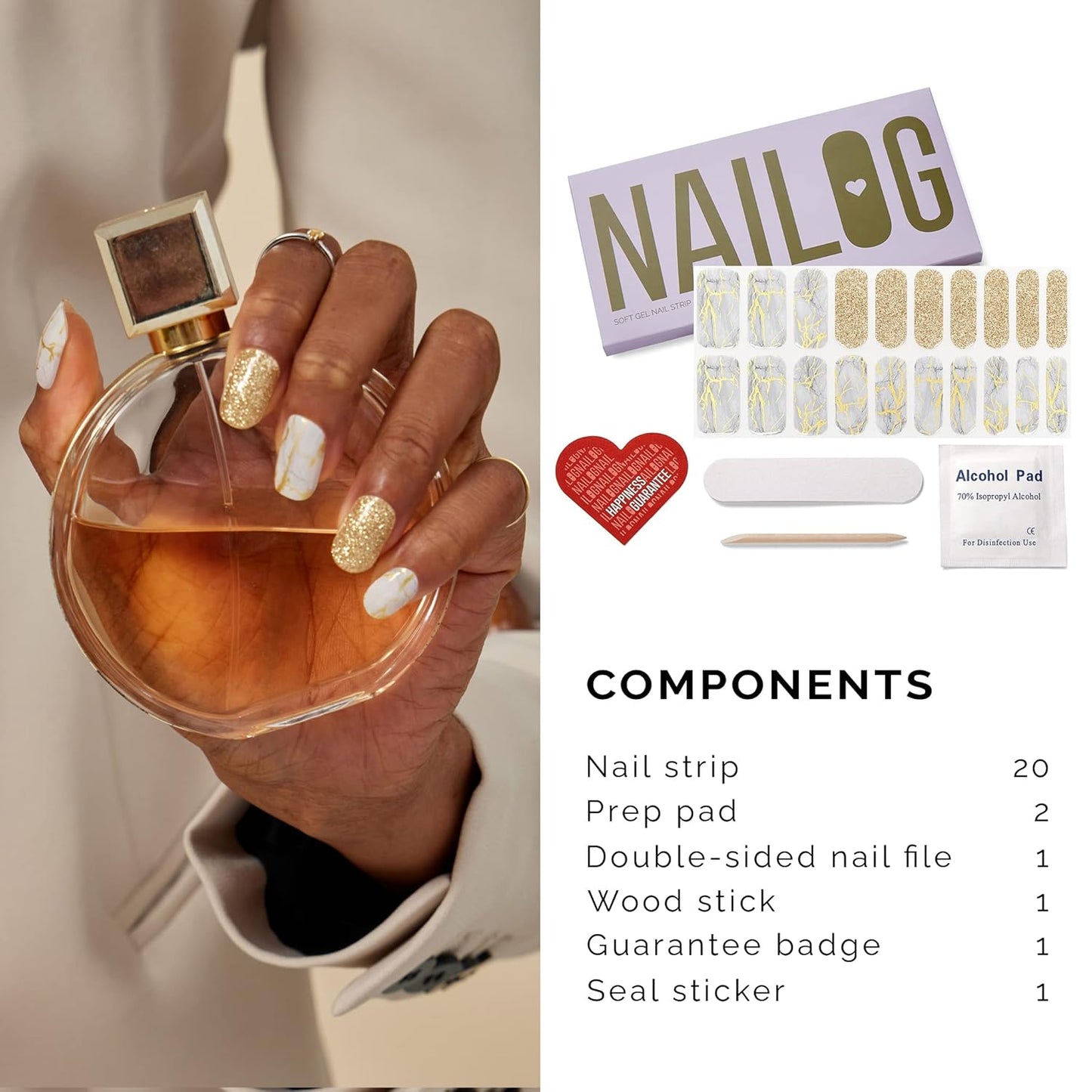 NAILOG Semi Cured Gel Nail Strips (20 Extra Long Polish Stickers/Wraps) │ Glossy & Long Lasting Soft Gel Finishing (White Marble)