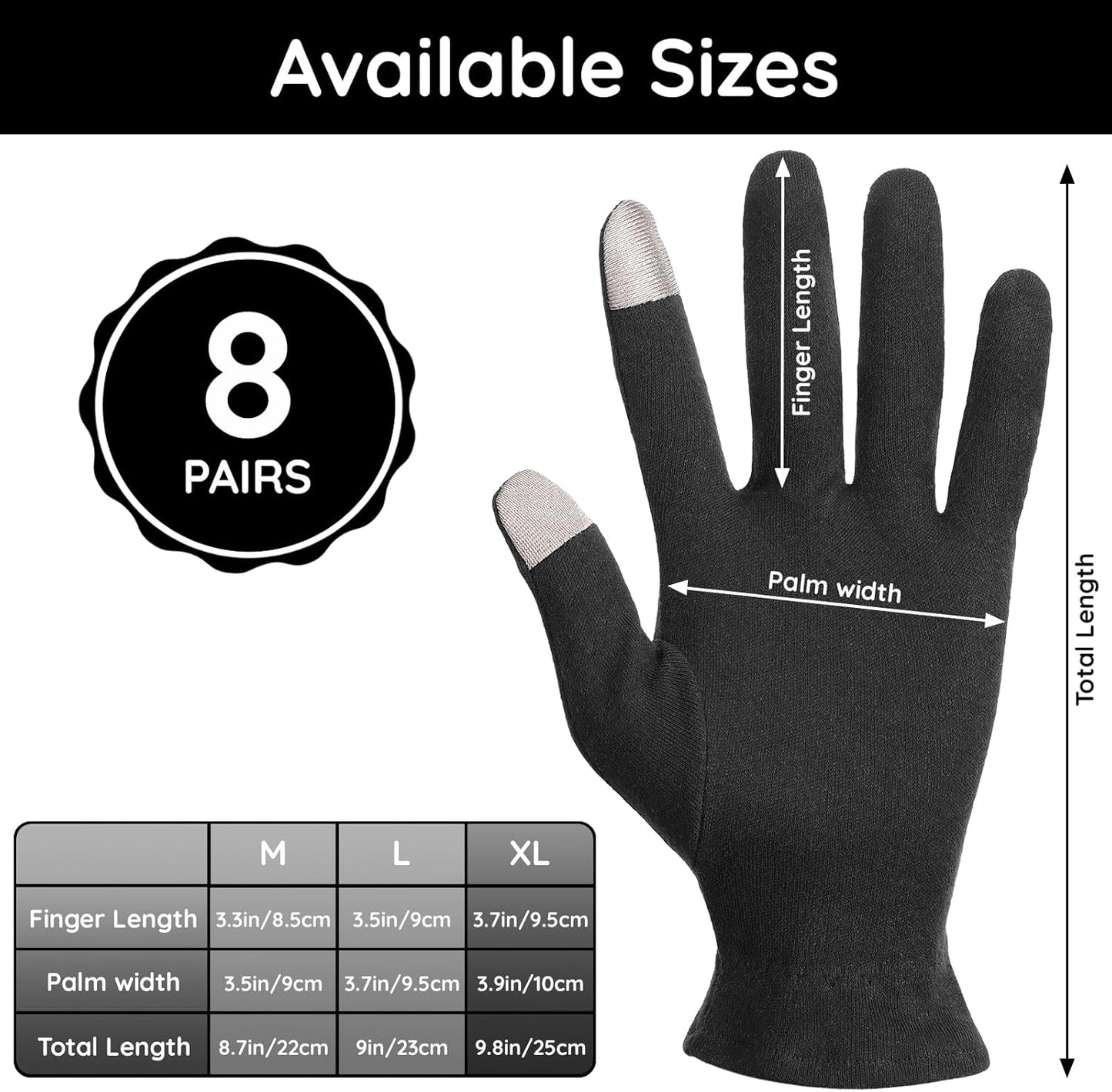 Segbeauty 16 Counts Elastic Black Cotton Gloves for Working, 8 Pair Touchscreen Sleeping Moisturizing Lotion Gloves Overnight with Elastic Band, Hand Care Cotton Moisture Work Glove for Typing Driving
