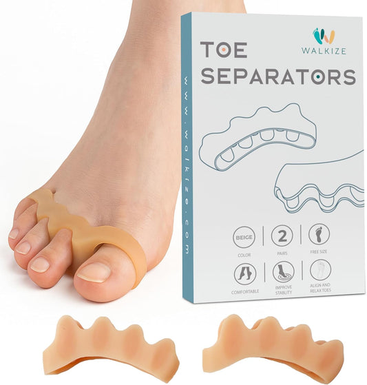 Walkize Toe Separators for Women & Men - Silicone Toe Spacers for Bunion Relief, Foot Pain Relief, Pedicure & Overlapping Toes (Beige)