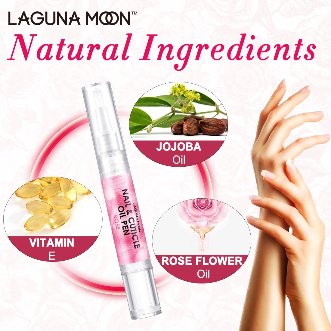 Cuticle Oil Pen for Nail - Lagunamoon Nail Oil for Nail Care & Nail Growth - Nourish, Soothe & Moisturize Damaged Nails - Rose, 5 ml