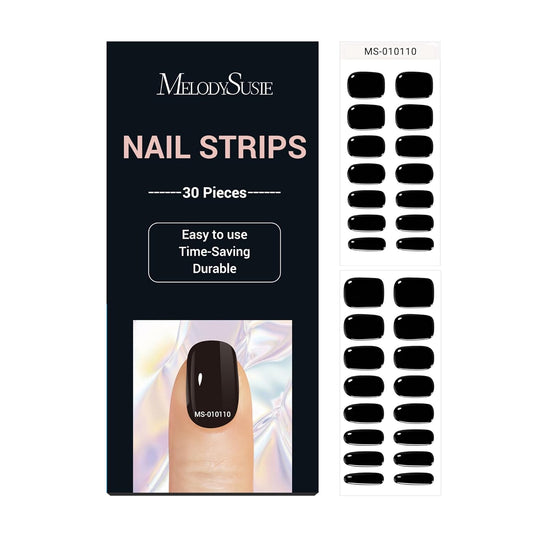 MelodySusie Semi Cured Gel Nail Strips, Black, Gel Nail Stickers Work with Any Nail Lamps, Salon Quality, Long Lasting, Easy to Apply and Remove, Includes 30Pcs Nail Wraps