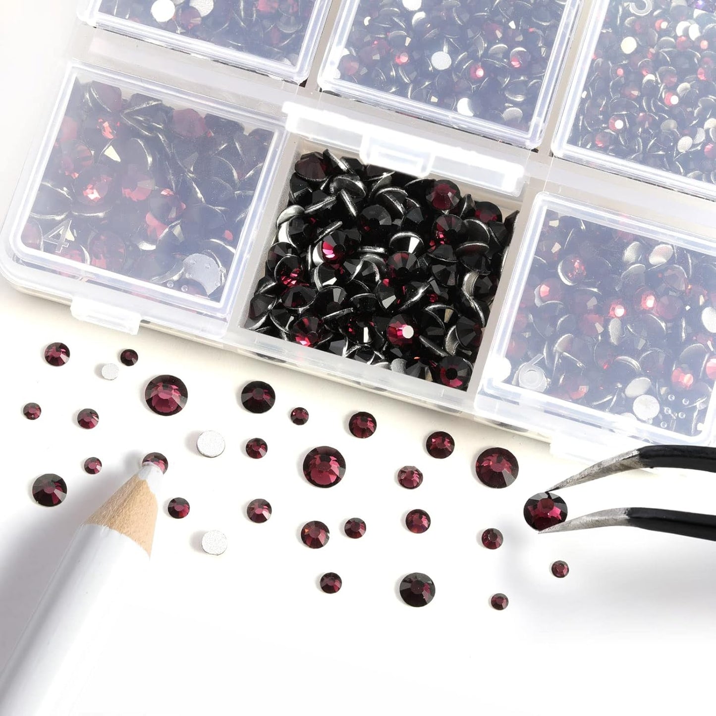 Beadsland 4300pcs Flatback Rhinestones,Burgundy Rhinestone Nail Gems Round Crystal Rhinestones for Crafts,Mixed 6 Sizes with Picking Tweezers and Wax Pencil Kit, SS6-SS20,Amethyst
