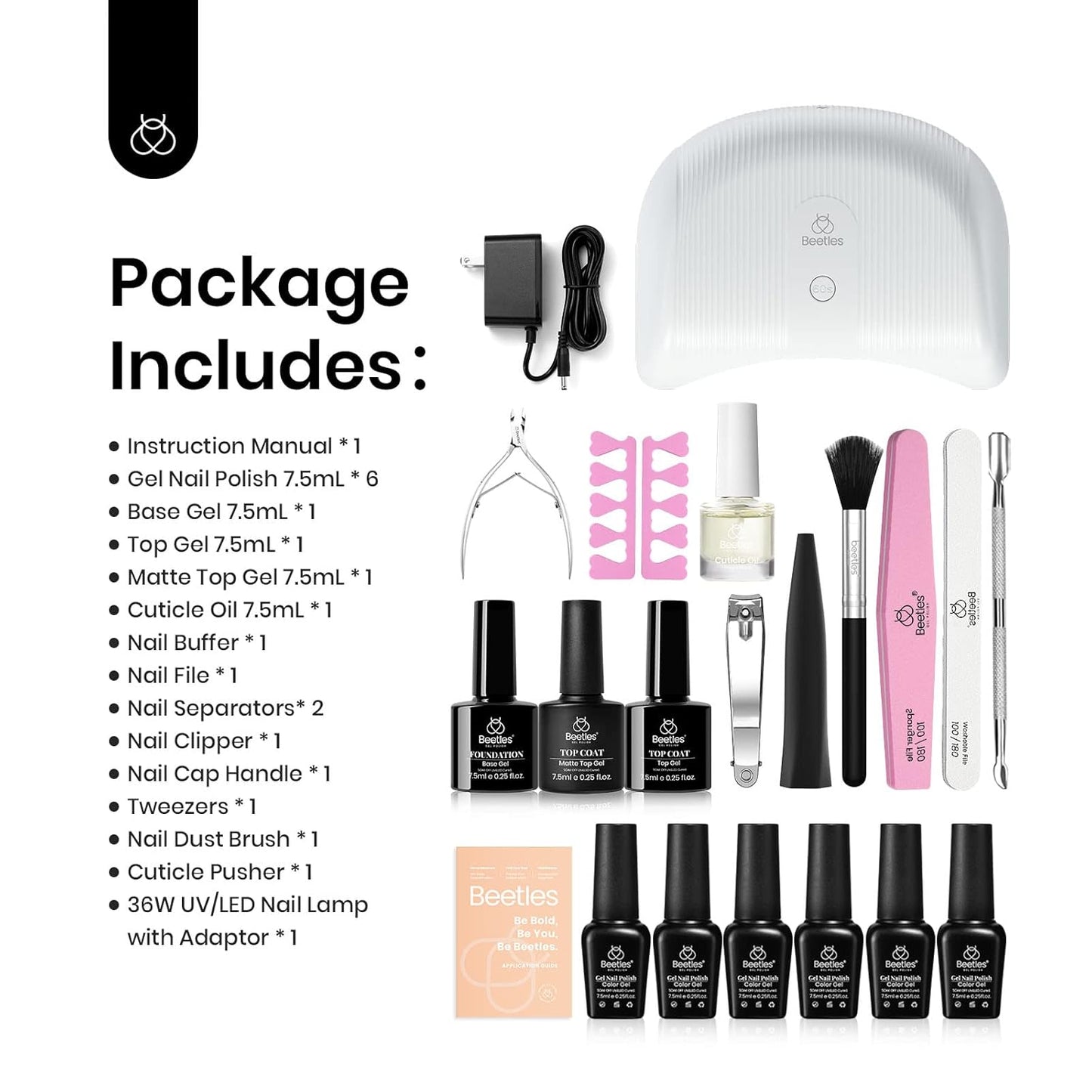 Beetles Gel Nail Polish Kit with UV Light, 6 Colors Pink White Nude Glitter Gel Nail Polish Set with Base Coat Glossy Matte Top Coat Gel Polish Soak Off UV Manicure Valentines Gift for Women
