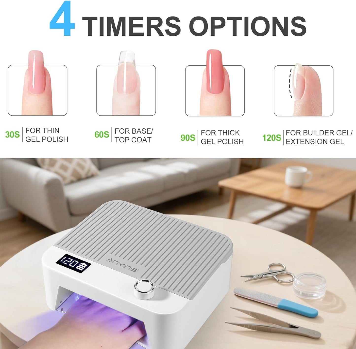 UV Nail Lamp 120W, Professional UV LED Lamp for Gel Nails Long-Lasting 30Pcs Beads Cordless Gel Nail Light, Fast Curing Nail Dryer with Knob for Home Salon DIY Grey