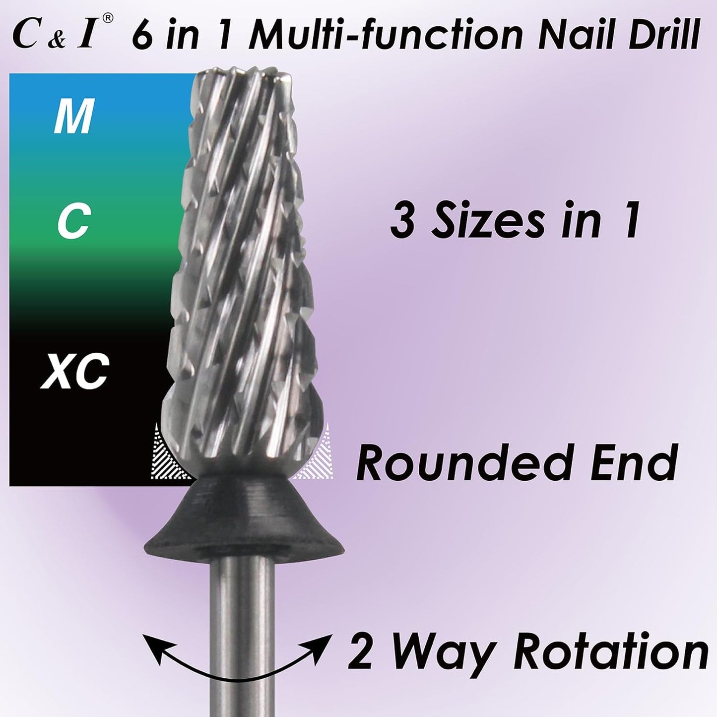 C & I Nail Drill Bit 6 in 1 Multi-Function Rounded End E File, Tungsten Steel CNC Overall Cutting, Manicure Tool for Nail Tech Quick Remove Nail Gels, Acrylic Nails (Original, Extra Coarse -XC)