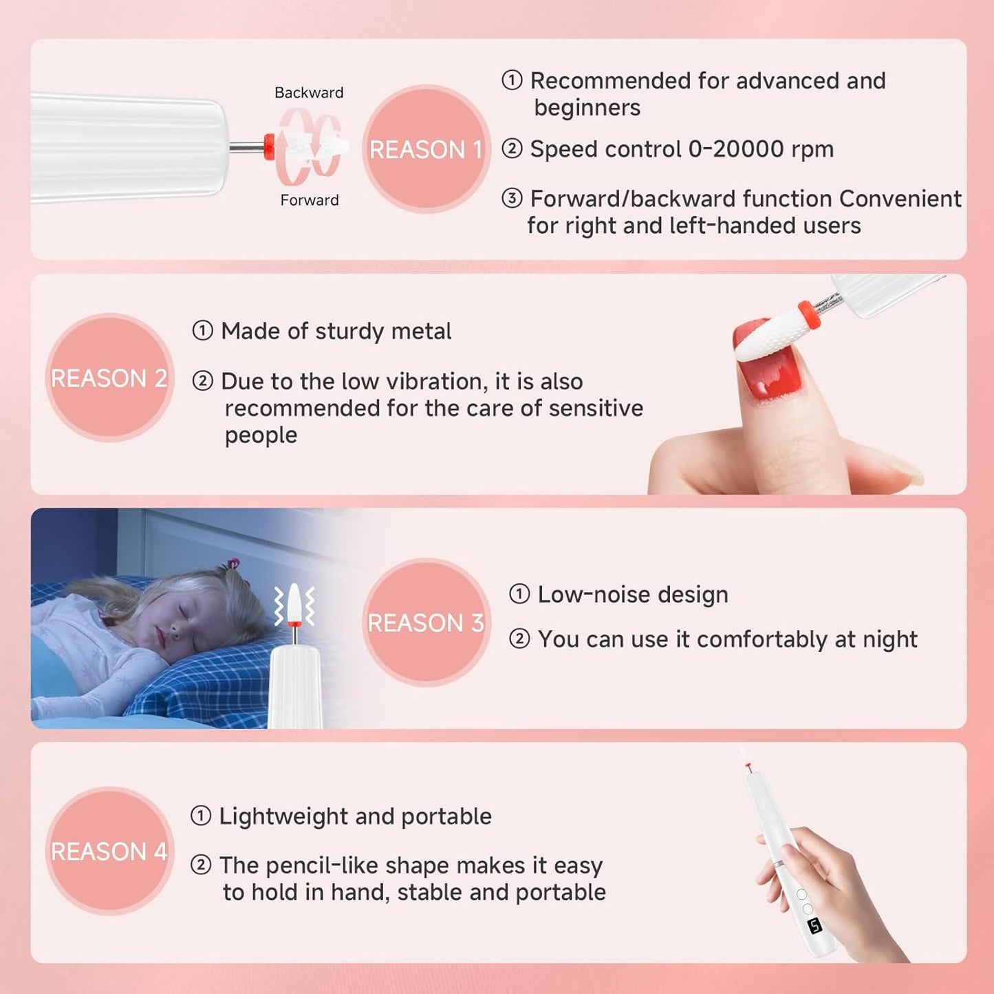 Electric Nail Filer, Professional Nail Drill Kit, Electric Nail Drill Kit, Portable File for Acrylic Gel Nails, Cordless Nail File Electric Manicure Pedicure Tools with Drill Bits for Home Salon