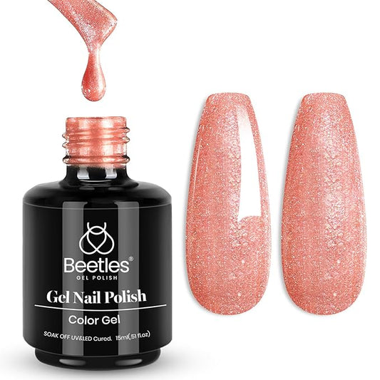 Beetles Glow with Grace Glitter Gel Polish 15ml Coral Orange Gel Nail Polish Colors Pearl Shimmering Coral Glow with Threaded Swirl Design Soak Off UV LED for DIY Salon Manicures