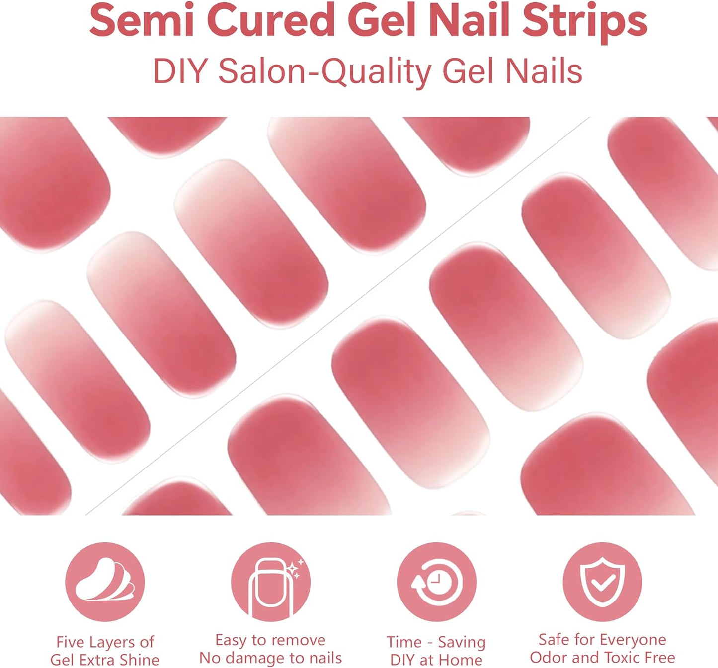 Semi Cured Gel Nail Strips-Short Press on Nails for Women Easy Apply at Home, Semi Cured Gel Nail Stickers for Mom & Busy Lifestyle Works with Any UV/LED Lamps(Red Gradient)