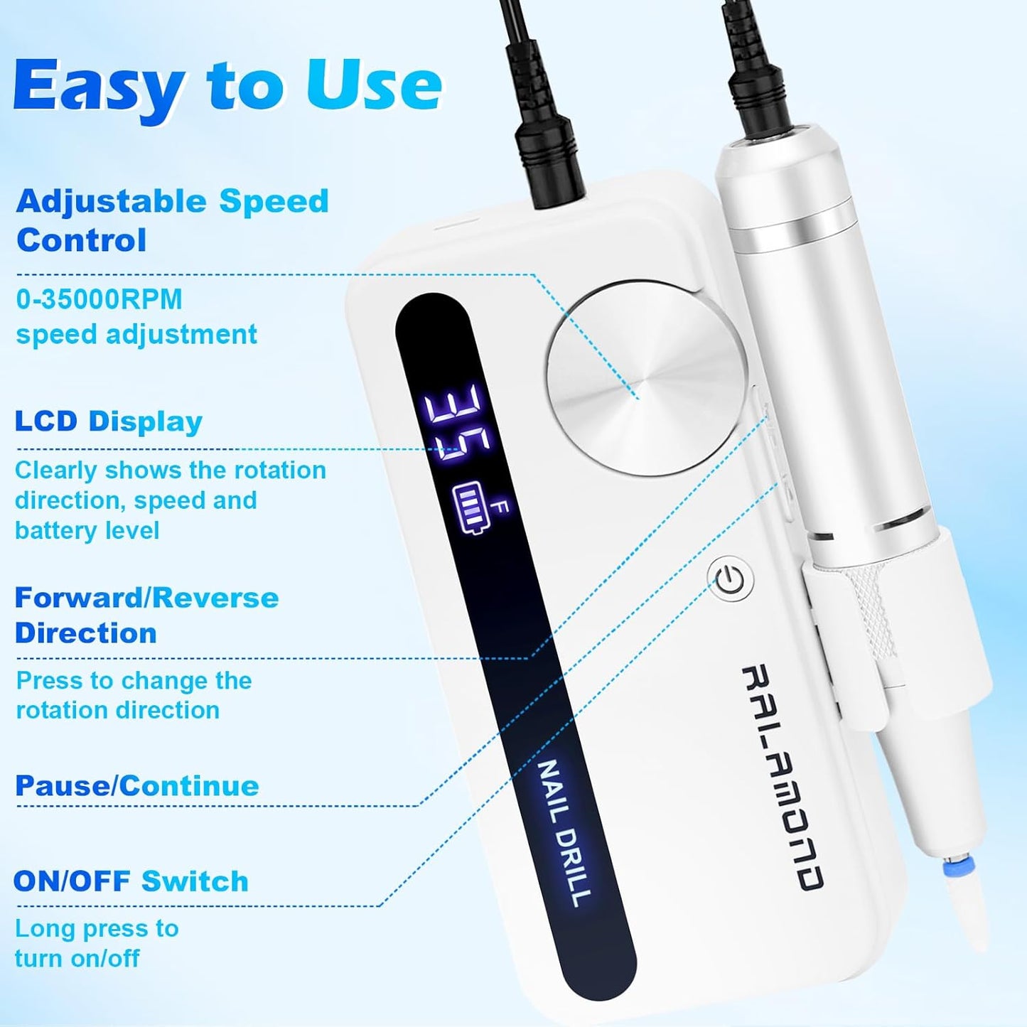 Professional Nail Drill, 35000RPM Electric Nail File, Rechargeable Cordless Machine, Nail Drill Kit with Bits, Portable Electric Nail Filer Manicure Pedicure (White)