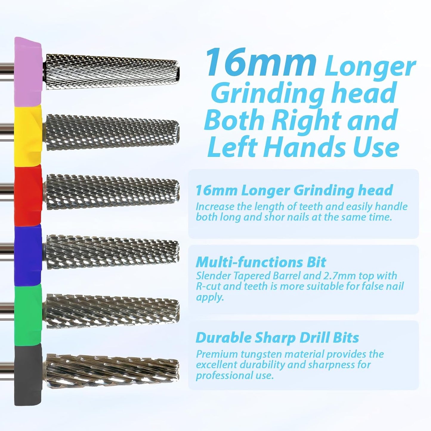16mm 5 in 1 Nail Drill Bits for False Nail Apply, 3/32'' Tungsten Carbide Professional Bit, Slender Bit for Corners, Left & Right Hand Use, Manicure Cuticle Gel Polishing, Double Fine.