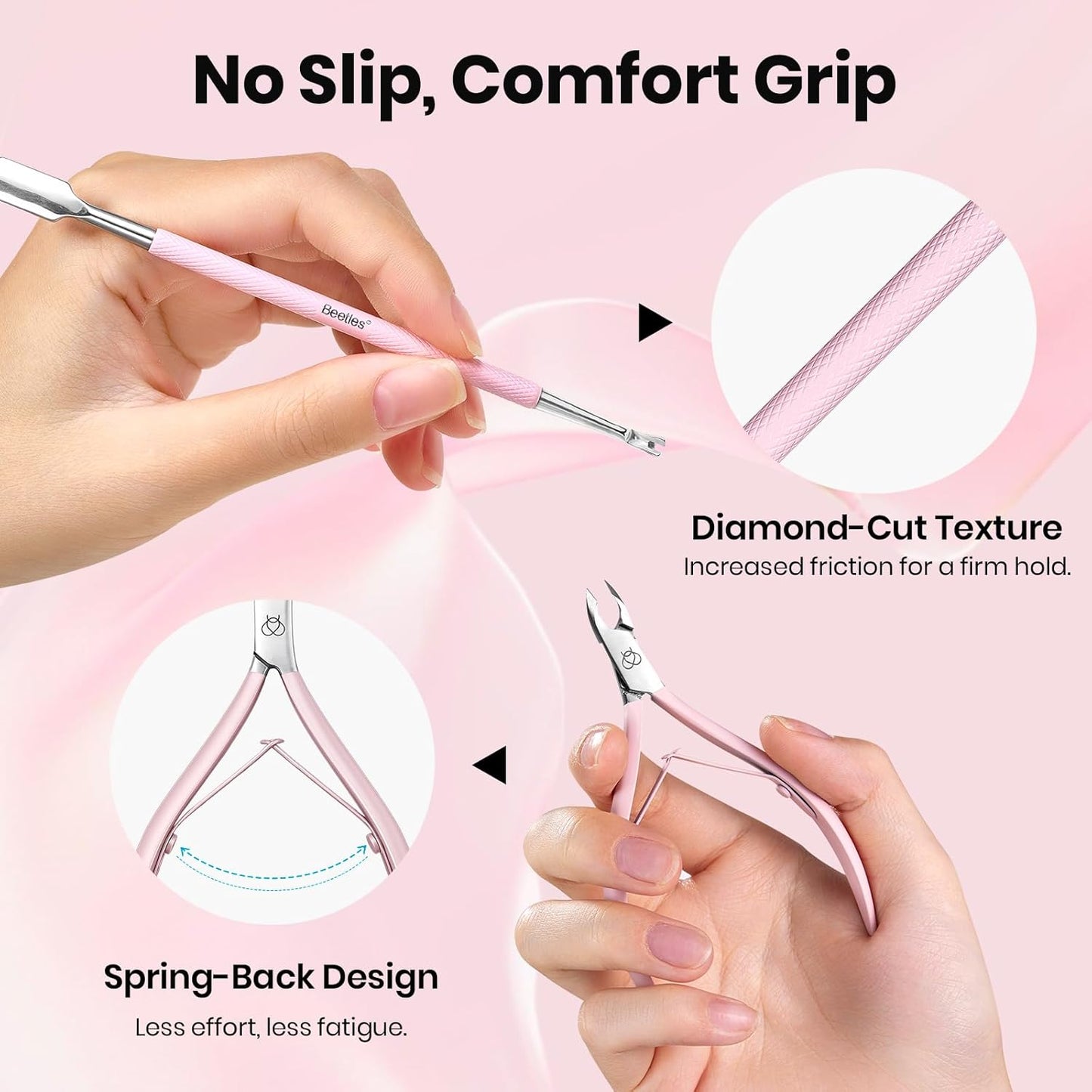 Beetles Manicure Kit for Women with Cuticle Remover, 3 PCS Pink Manicure Set Cuticle Trimmer Dual End Cuticles Pusher Clean Nails Tip Dirt Pusher with Storage Pouch Nail Prep Kit for Gel Nail Polish
