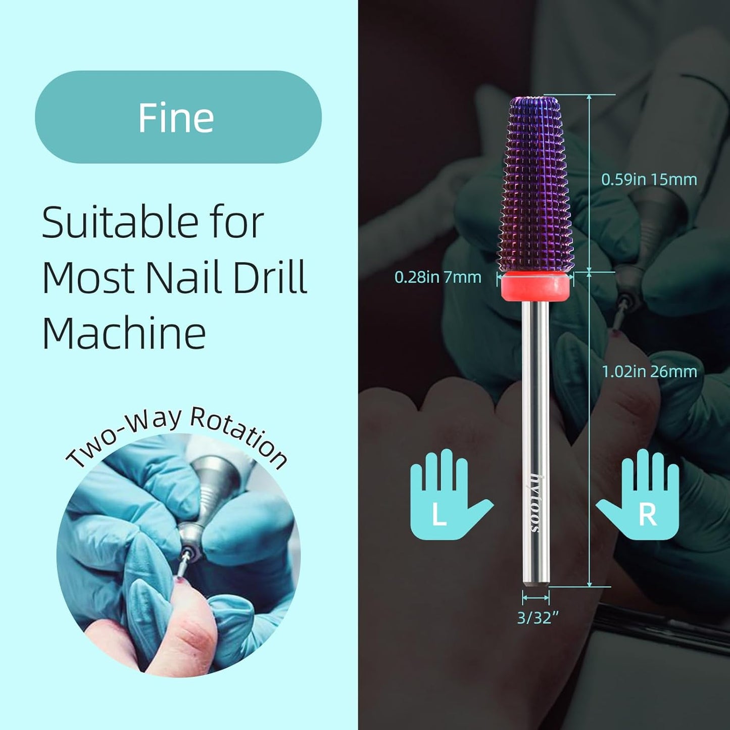 Purple 5 in 1 Nail Drill Bit, 15mm Tapered Drill Bits for Nails, 3/32" Professional Straight Cut Two-way Carbide Nail Bits, Electric Manicure Gel Polish Acrylic Powder Removal Tool, Fine