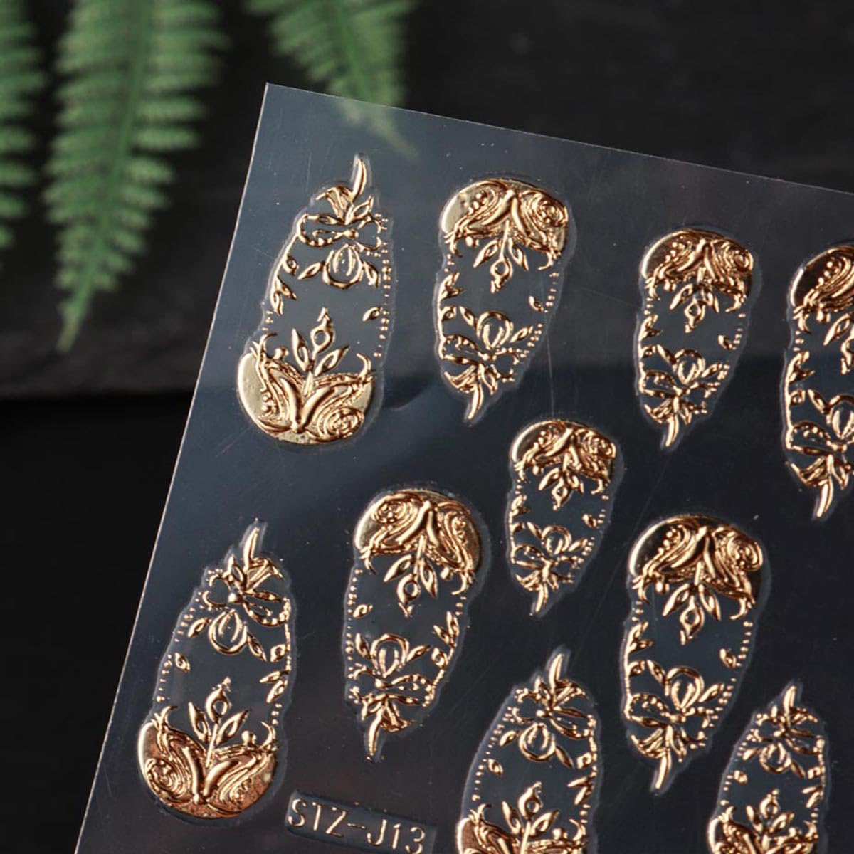Gold Nail Art Stickers 3D Self-Adhesive Golden Foil Leaf Nail Decals Nail Art Supplies 3PCS Metallic Totem Leaves Summer Nails Design Embossed Sticker Manicure Sliders for Women DIY Nail Decorations