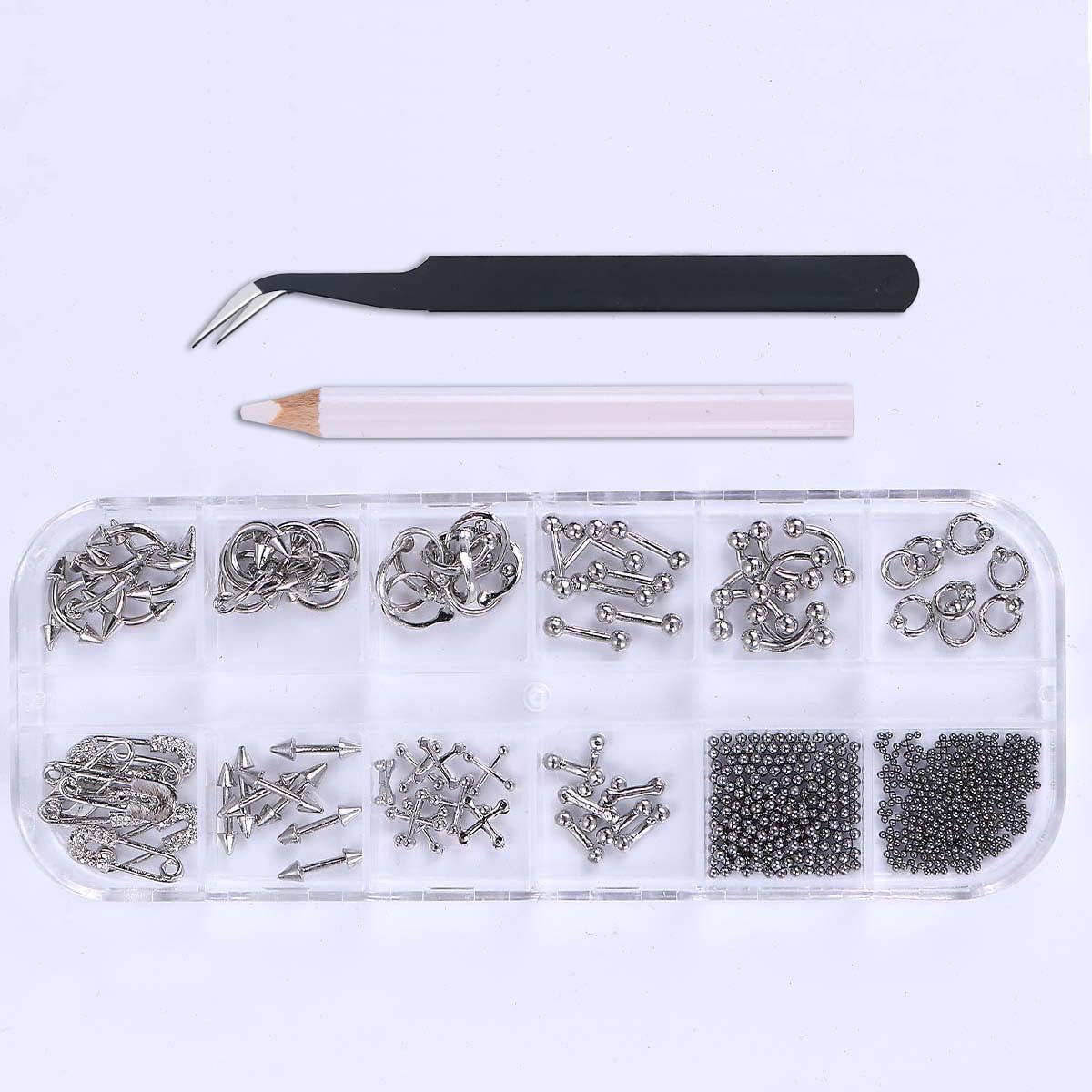 Metal Punk Nail Art Studs: 12 Grids Mixed Sizes Rivet Steel Beads Cross Nails Charms with Tweezers and Pen- Y2K Alloy Ring Gothic Nail Accessories for Women - DIY Craft Decoration Manicure Supplies