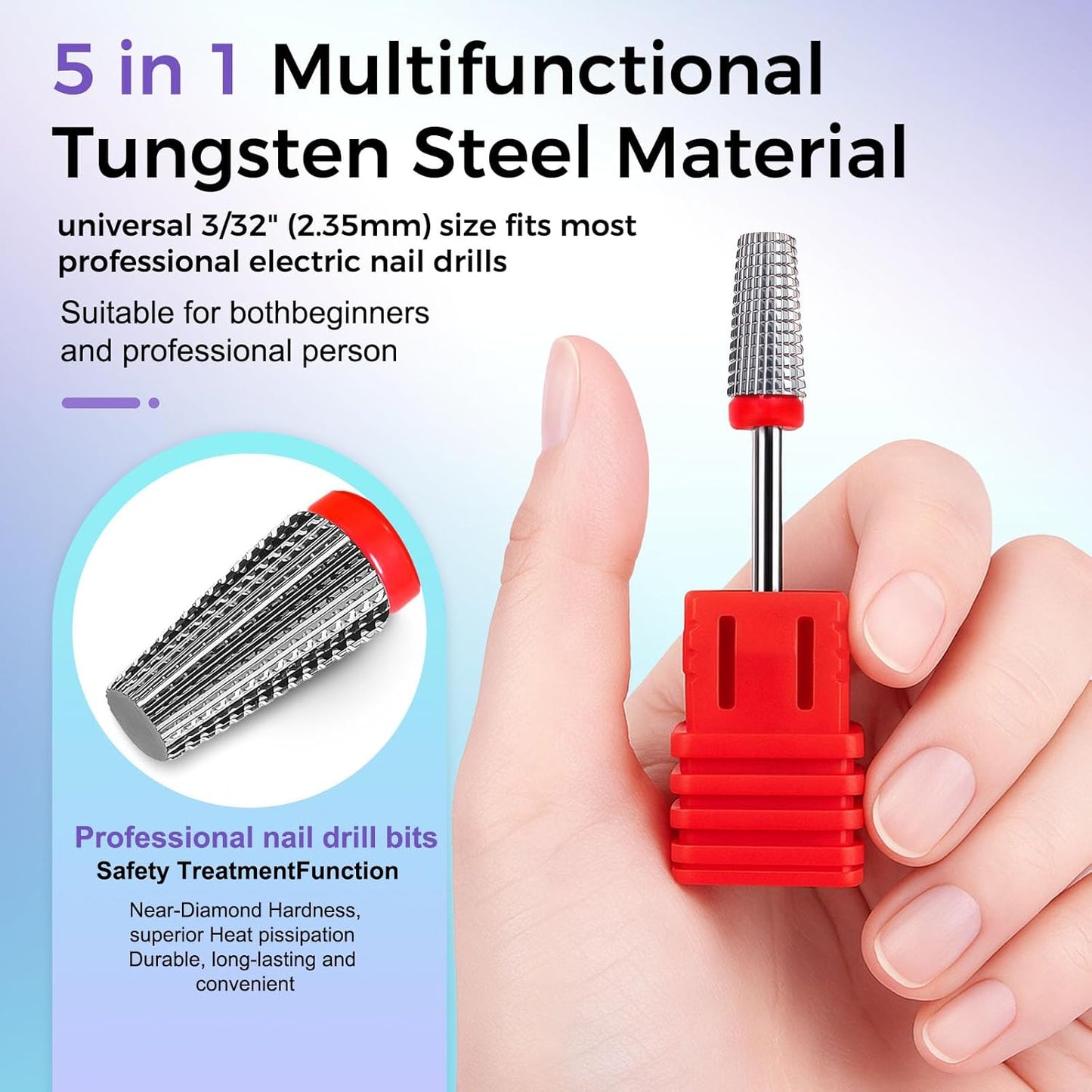 Fantexy 5 in 1 Nail Drill Bits,Professional 3/32" Shank Tungsten Steel Bits for Acrylic Nails,Manicure,Nail Art,Drill Machine,Both Left and Right Handed - Two Way Rotate Use (Fine - F)