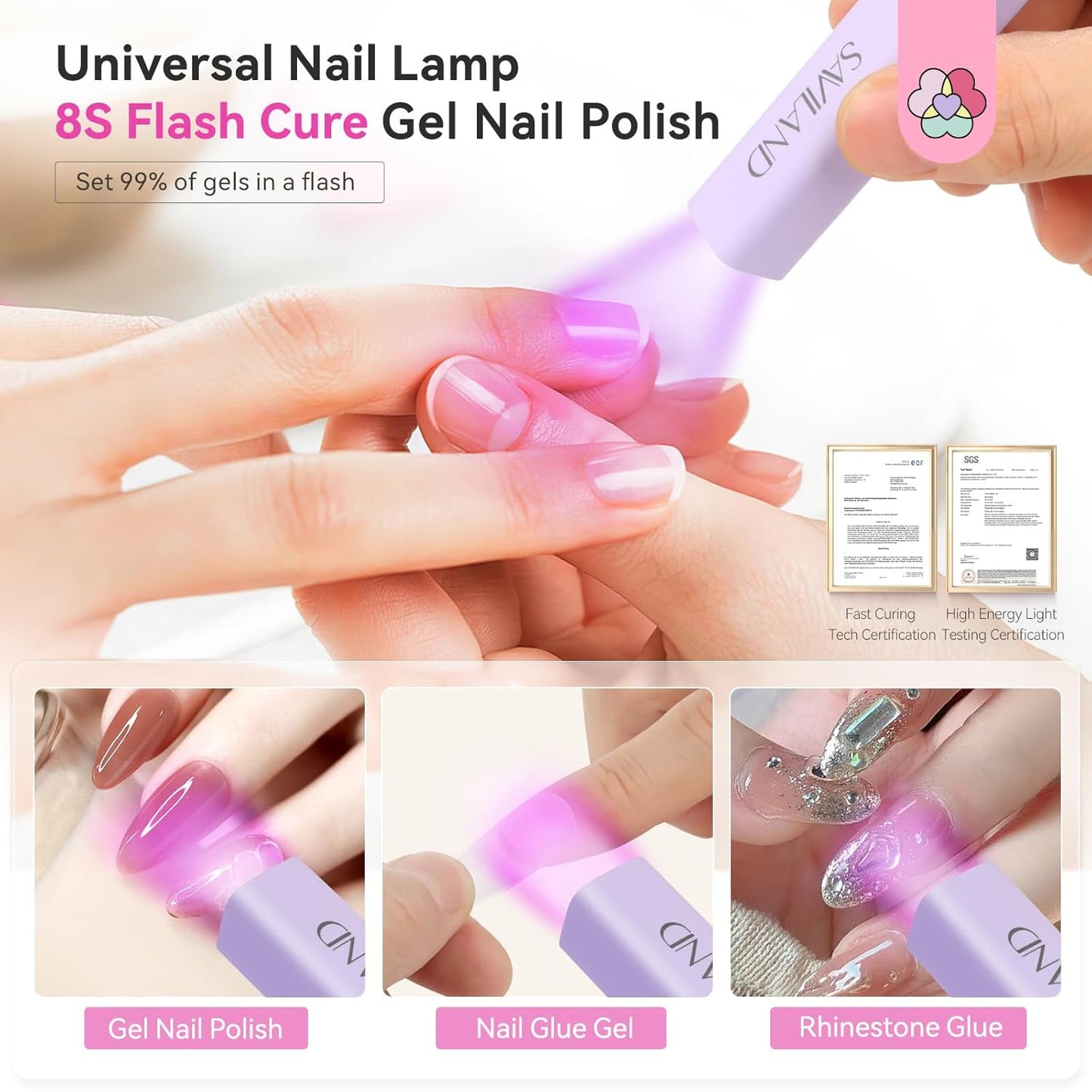 SAVILAND SSProX U V Light for Gel Nails: 8s Flash Curing 12W Nail Lamp LED Nail Lamp Hands-Free 360° Rotatable Powerful 500 mAh Rechargeable Handheld U V Light for Gel Nails with 2 Timers Home DIY