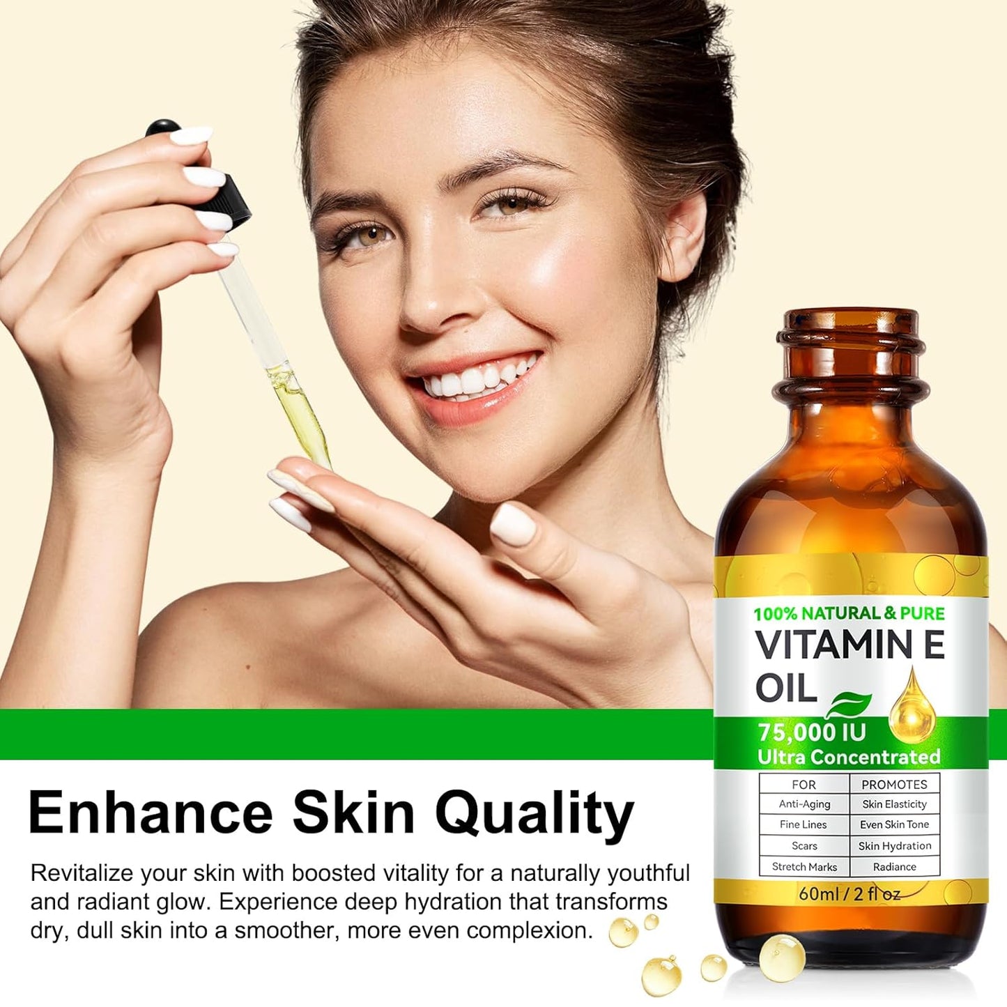 Vitamin E Oil Blend 75,000 IU, Pure Vitamin E Oil for Skin, Scars, Nails and Scalp, Hydrating Dry Skin, Face and Body Moisturizer, Reduce Stretch Marks, Fine Lines & Wrinkles, 2Fl Oz