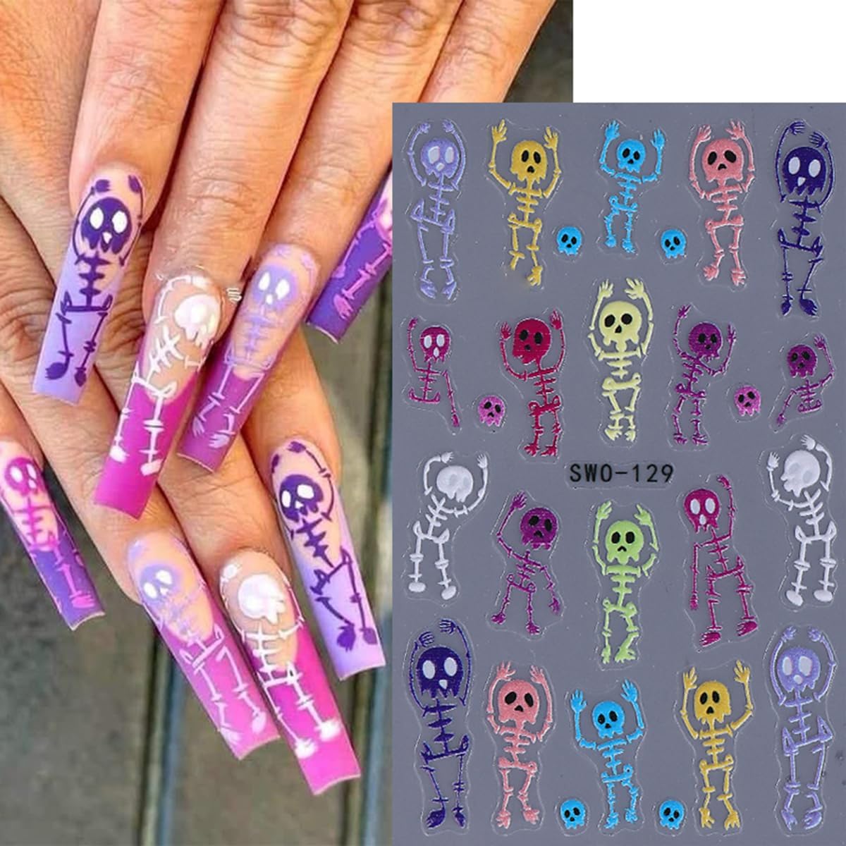 Halloween Nail Art Stickers Decals 5D Embossed Skeleton Nail Stickers 3PCS Rainbow Color Skull Skeleton Halloween Nails Design Adhesive Sticker Manicure Sliders for Women Holiday Nail Art Decorations