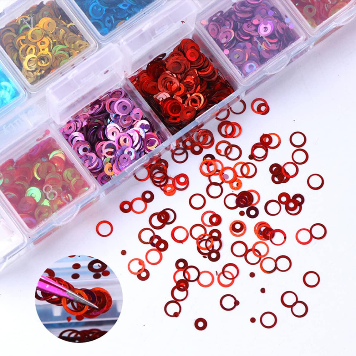 Circle Glitter Nail Art Sequins, 3D Hollow Circle Shape Glitters Flakes, Holographic Fluorescent Laser Shiny Round Nail Supplies for Women Girls Manicure Charms Decorations DIY Resin Nail Art Tips