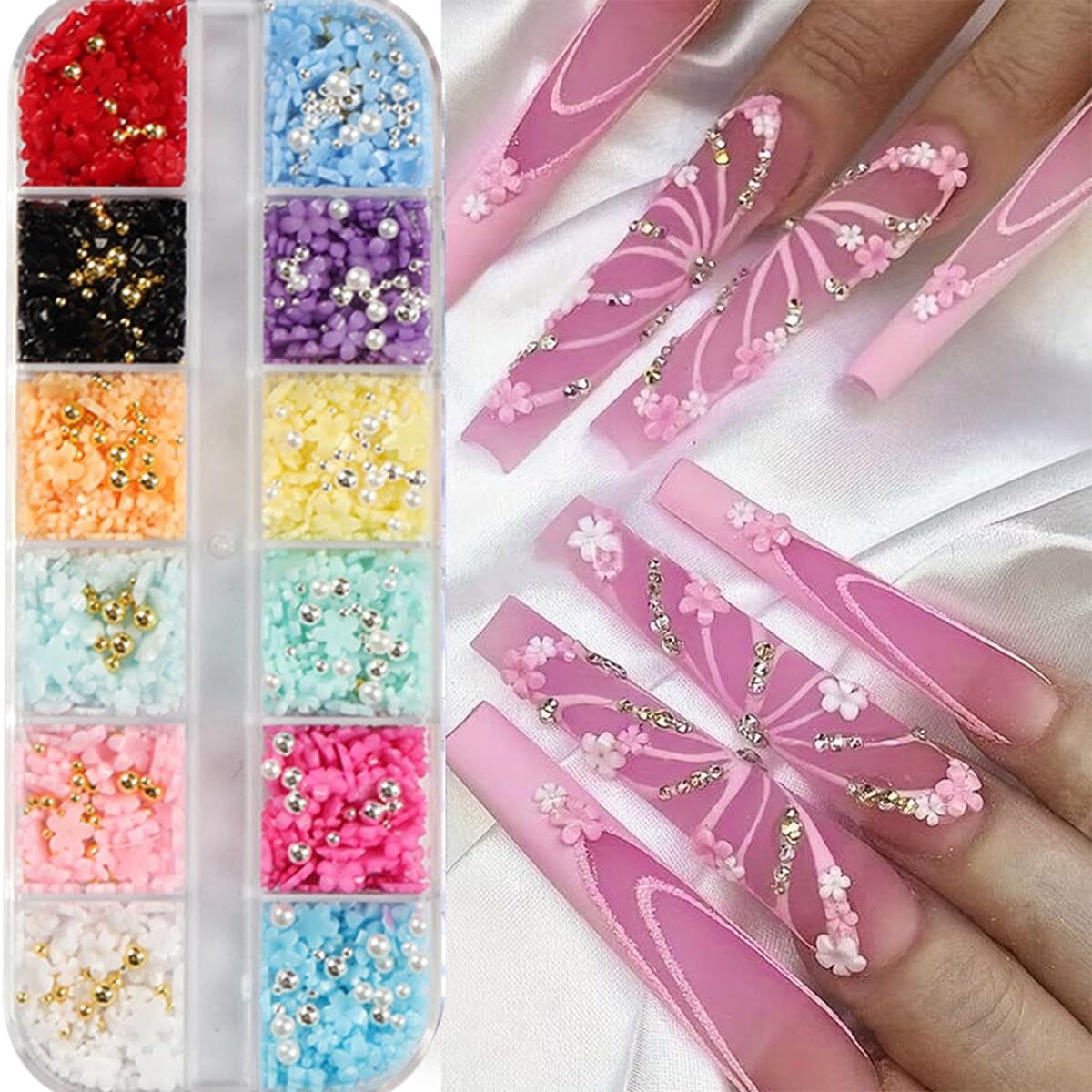 Flower Nail Charms Nail Art Kit with 30 Sheets Flower Nail Stickers 12 Boxes Colorful Flower with Rhinestone Nail Supplies 3D Nail Charms,Flower Nail Decals for Women Acrylic DIY Nail Art Decoration