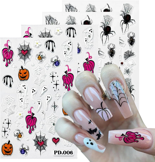 Halloween Embossed Nail Art Stickers -5D Cute Ghost Nail Decals for Nail Art Skull Spider Web Pumpkin with Rhinestones Design Self-Adhesive Nail Art Supplies Halloween Nail Decoration 4 Sheets