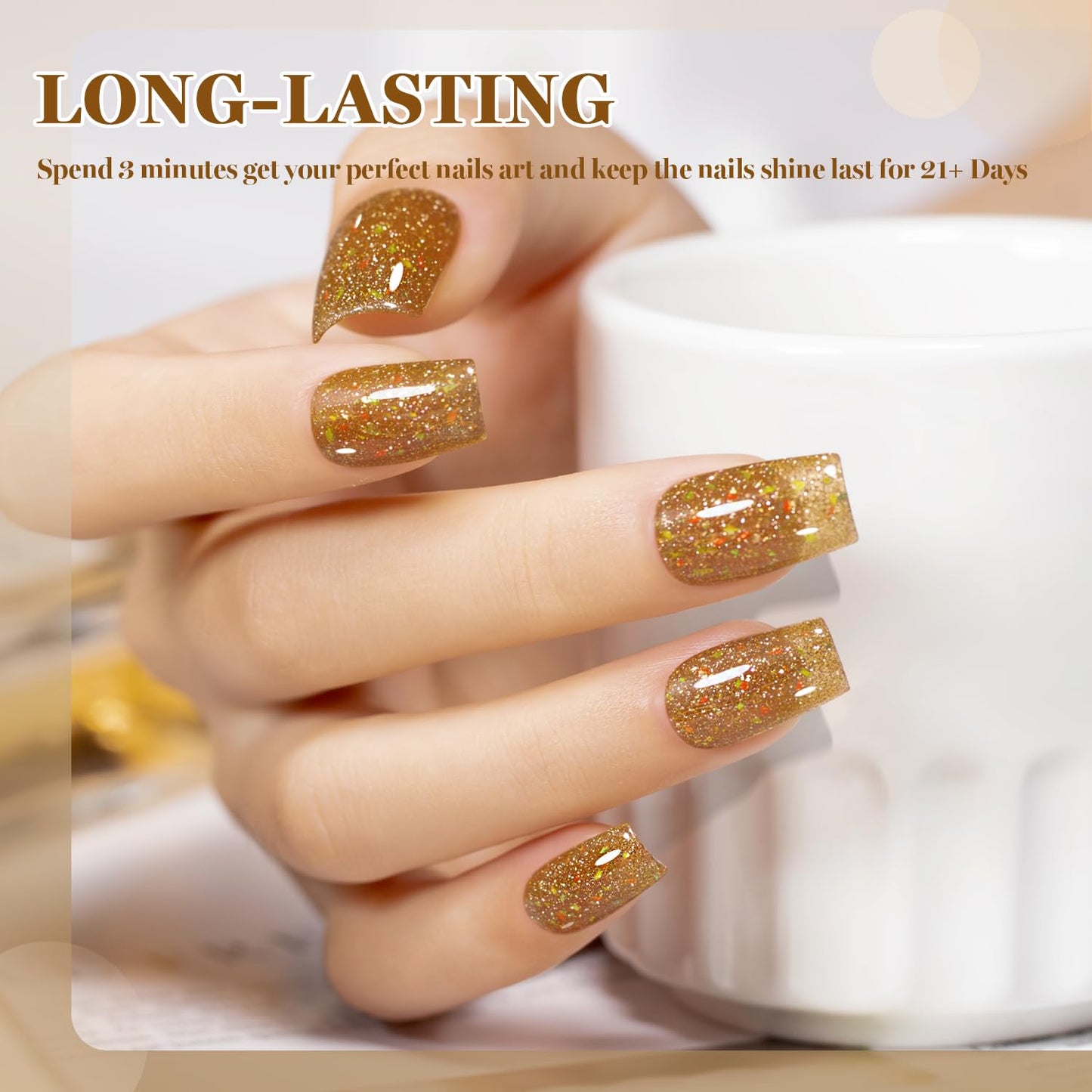 RARJSM Champagne Gold Reflective Glitter Gel Nail Polish Holographic Rainbow Iridescent Sparkle Flash Diamond Shimmer LED UV Soak Off Gelpolish Nail Art Manicure Salon DIY at Home 1pcs 7.5ml