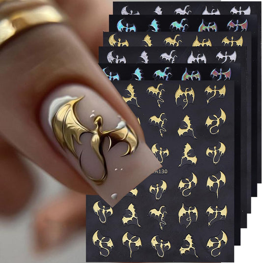 Dragon Nail Art Stickers 3D Metallic Flying Devil Bat Halloween Nail Decals 6PCS Golden Silvery Holographic Y2k Dragon Nail Stickers Sweet Punk Style DIY Halloween Nail Art Salon Decorations Supplies