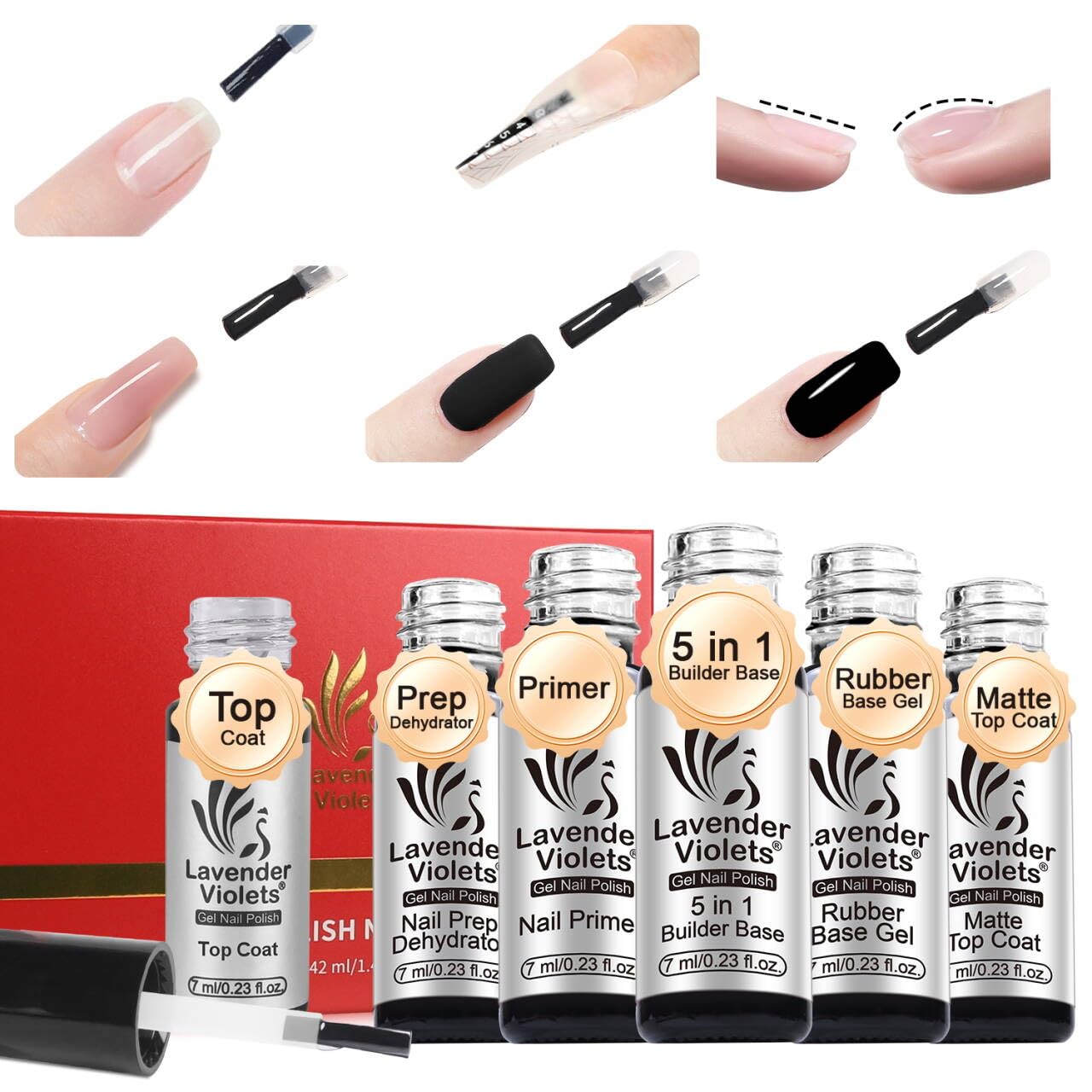 Lavender Violets 6pcs Gel Base and Top Coat Set Nail Dehydrator and Primer, 5-in-1 Builder & Pink Rubber Base Coat, Matte & No-Wipe Top Coat Long-Lasting Manicure Essential Kit for Home DIY C200