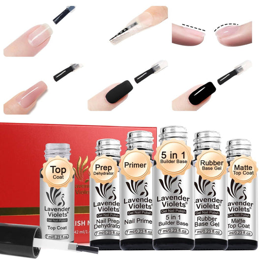Lavender Violets 6pcs Gel Base and Top Coat Set Nail Dehydrator and Primer, 5-in-1 Builder & Pink Rubber Base Coat, Matte & No-Wipe Top Coat Long-Lasting Manicure Essential Kit for Home DIY C200