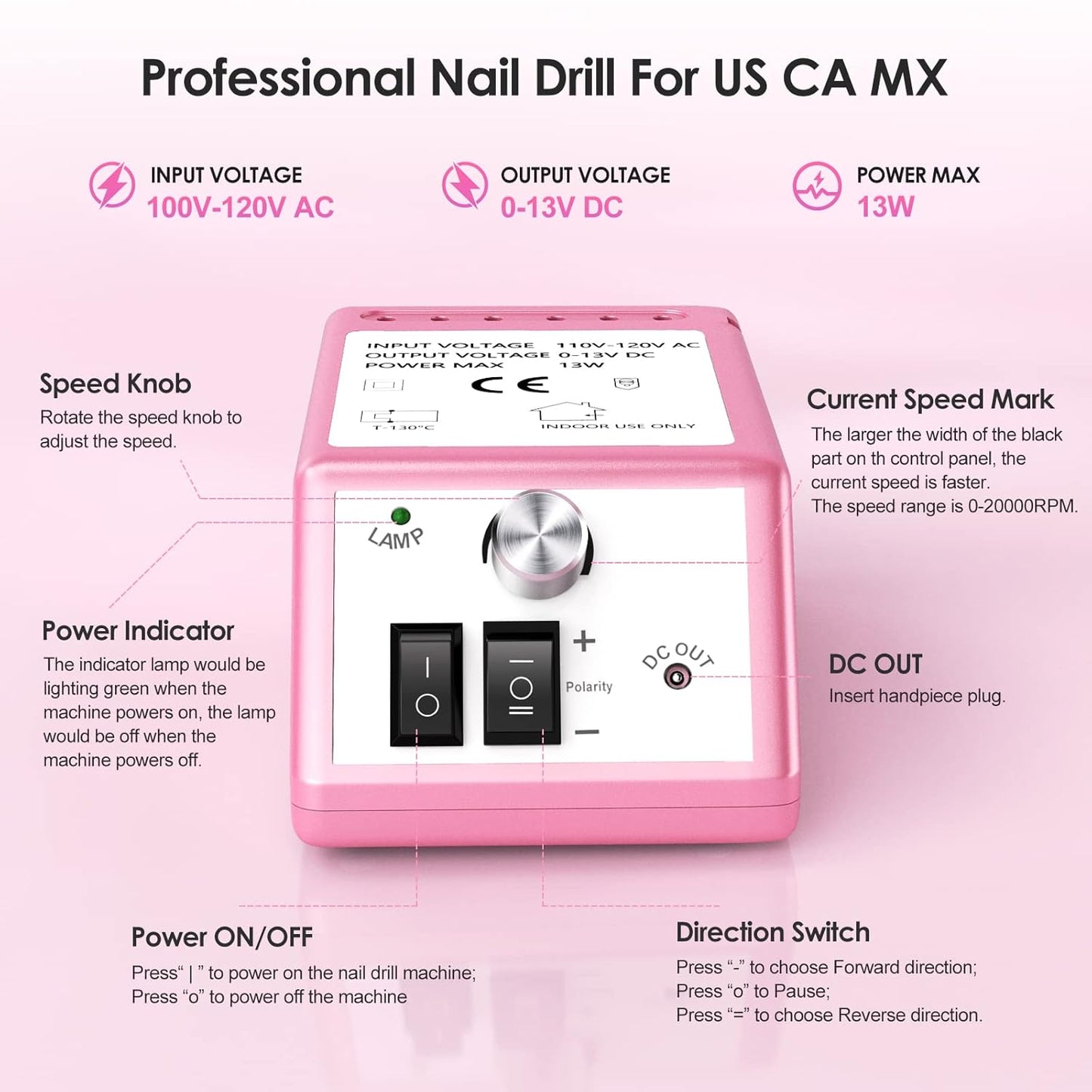 Professional Nail Drill Machine 20000 RPM Efile Electric Nail Filer Kit for Finger Toe Nails, Acrylic Gel Nails, Manicure Pedicure Drill with 6Pcs Nail Bits, 106Pcs Sanding Bands - Pink