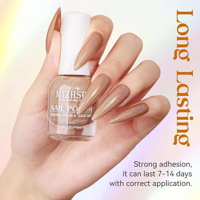 MIZHSE Holographic Nail Polish, Light Brown Shimmery Nail Polish Non Gel, Air Dry Fast Glossy Shiny Nail Pigment Oil-based Laser Iridescent Chrome Nail Art Salon Manicure Home