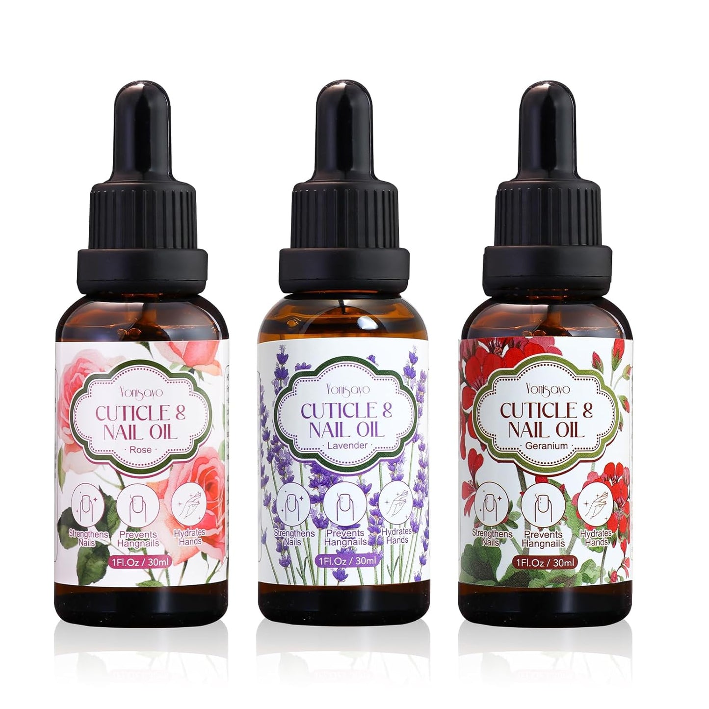 3 Pack Cuticle Oil, 3 in 1 Hydrating Oil for Strengthen Dry Nails Care, Soothe Cracked Cuticles, Thin Nails & Moisturize Hands, Non-Greasy, Cruelty-Free, Rose, Geranium, Lavender