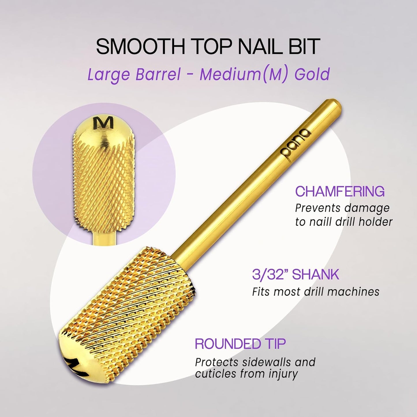 PANA 3/32" Large Smooth Round Top Safety Carbide Nail Drill Bit for Gel Polish & Acrylic Removal Nail Salon Manicure Pedicure Electric File Tools (Large Barrel - Gold, Medium)