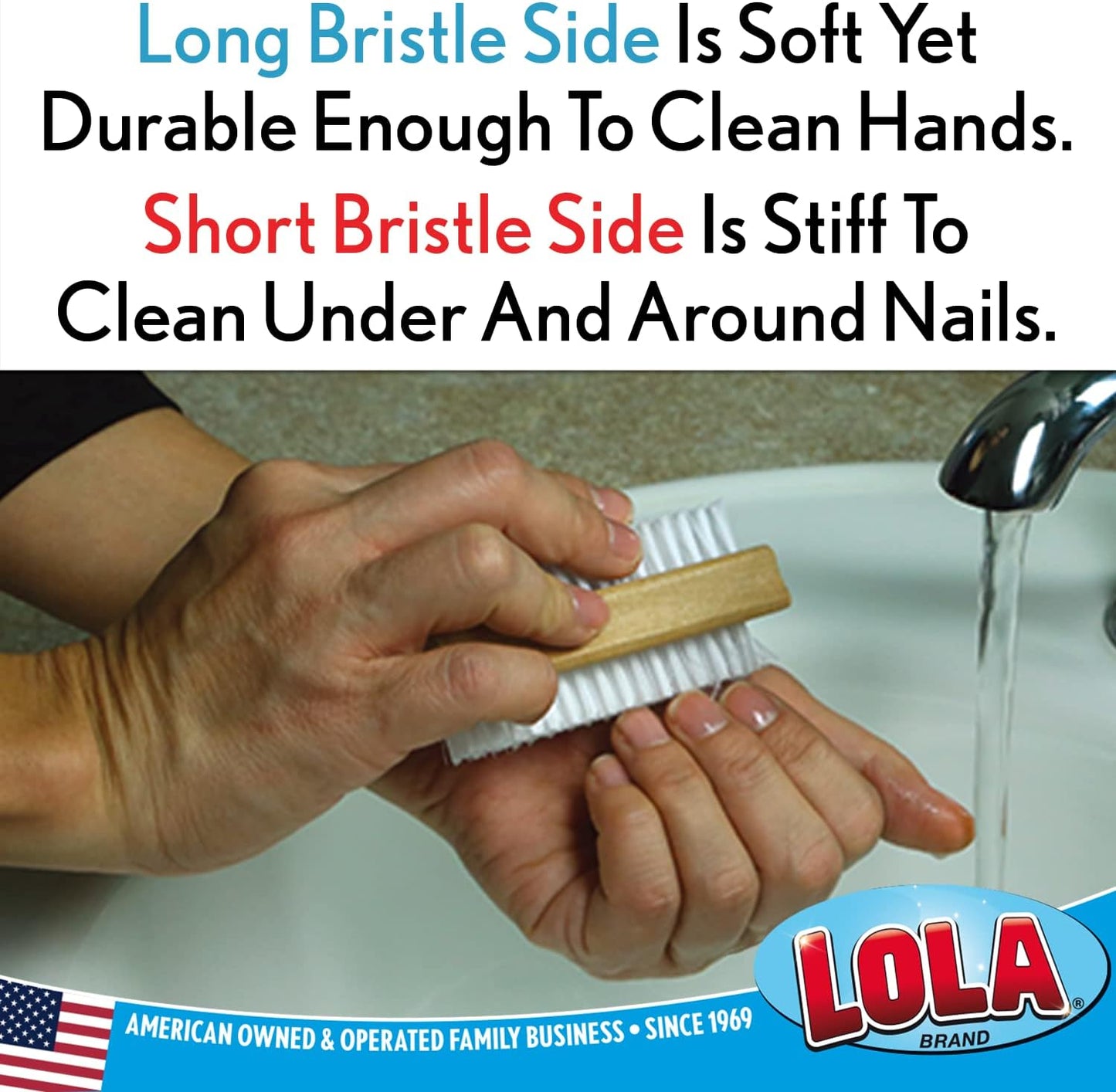 LOLA Classic Hand & Nail Wood Brush, 144 Pack, Heavy Duty 2 Sided Soft & Stiff Bristles, Cleans Hands, Fingernails, Feet & Toenails