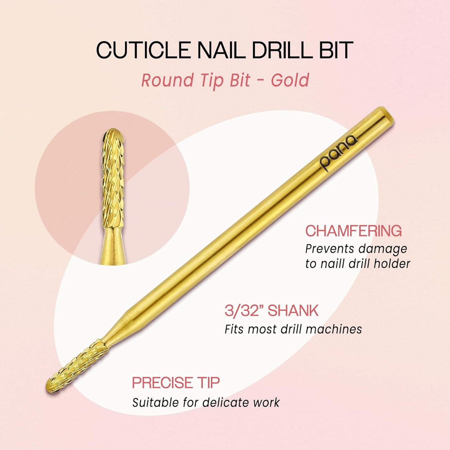 PANA 3/32" Carbide Cuticle Nail Drill Bit for Cuticle Cleaning, Dead Skin Removal, Gel Polish & Acrylic Removal, Under Nail Cleaner, Nail Salon, Manicure Tools (Round Bit - Gold, Medium)