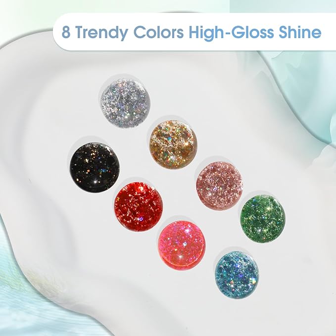 ROSALIND Glitter Sequins Gel Nail Polish, 8 Color Glitter Gel Polish Lightning Sparkle Effect Super Shiny Professional Soak Off UV Gels