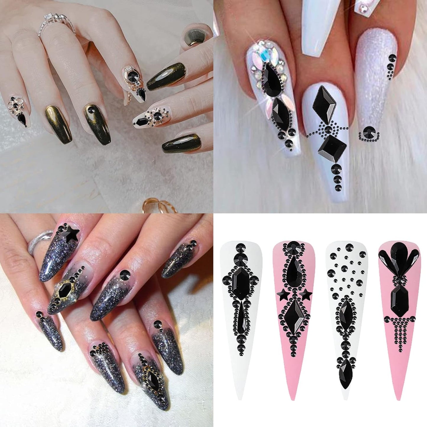3120Pcs Black Nail Art Rhinestones Crystal,HOINCO 3D Rhinestones Gems Jewels Diamond for Acrylic Nails for Nail Art DIY Crafts with Tweezers and Pen