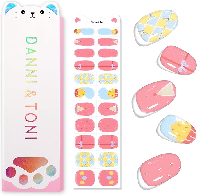 DANNI & TONI Kids Gel Nail Strips Cake Bowknot Peachy Pink Salon-Quality Peel & Stick Manicure for Children (Age 6+)– Safe, Long-Lasting, Easy to Apply |Sweet Party