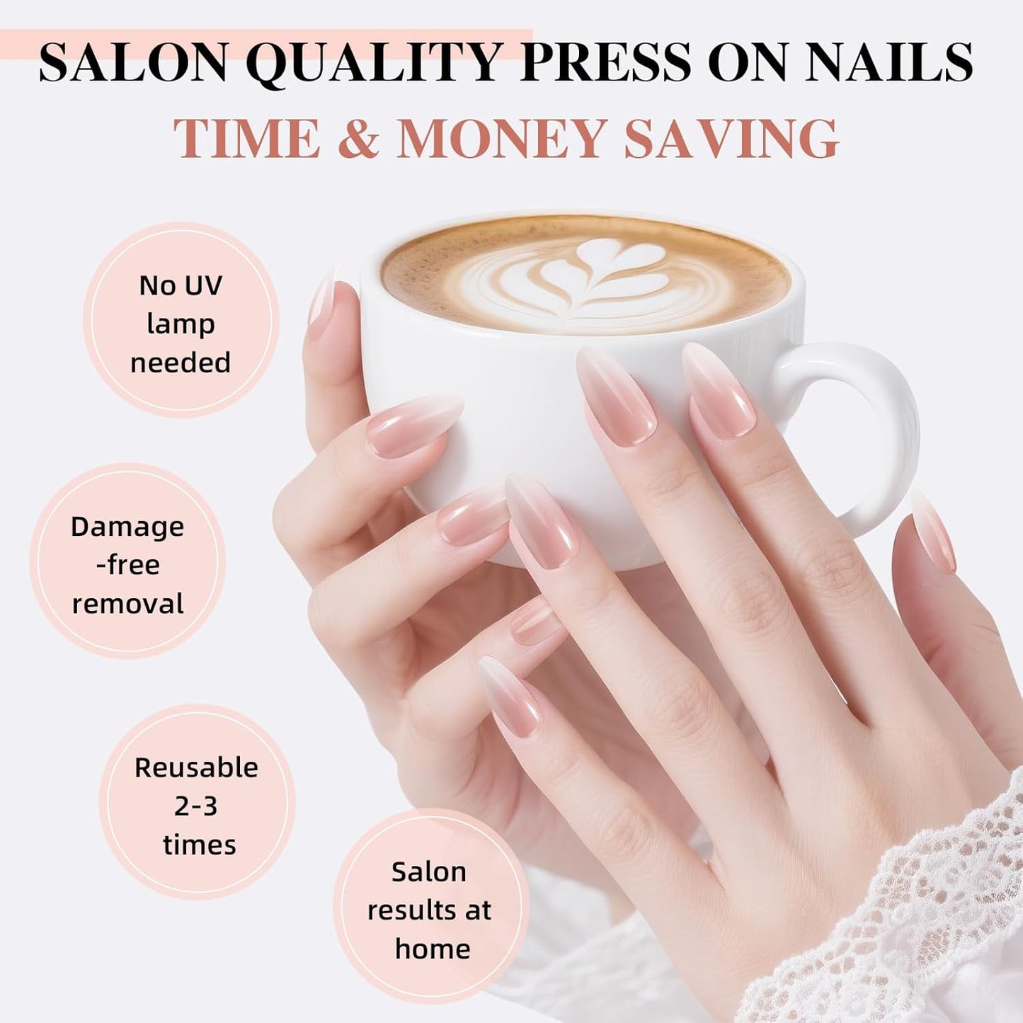 Press on Nails, Short Press on Nails Almond Reusable Glossy Pink White Nails Soft Gel False Nails Press ons for Women, 16 Sizes 32 Count Nails Kit with Glue (SV-05)