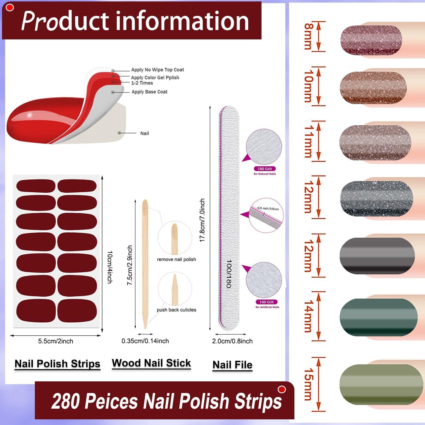 DANNEASY Nail Polish Strips (20 Sheets - Dark Solid&Glitter) Gel Nail Stickers Full Nail Wraps Gel Nail Strips Self-Adhesive Manicure Sticker Nails for Women with Nail File, Cuticle Stick