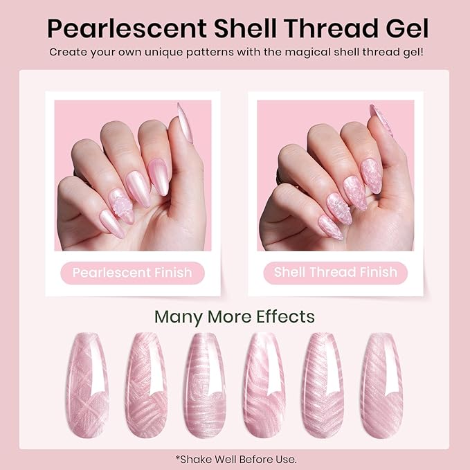 Beetles Pearl Pink Gel Nail Polish – Soft Afternoon Mermaid Gel Polish, 15ml Thread Effect Pink Nail Swirl Shell UV LED Soak Off Gel Manicure