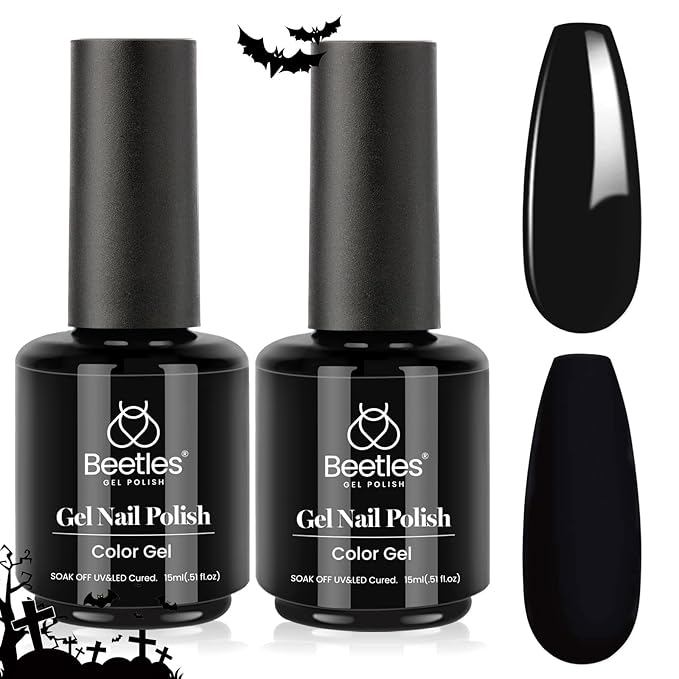 Beetles Black Winter Gel Polish 2Pcs 0.51Fl.OZ Pure Black Gel Nail Polish Set 15ml Dark Base Color Soak Off Uv Nail Lamp Art Manicure DIY Design Gift for Women Long Nights Collection