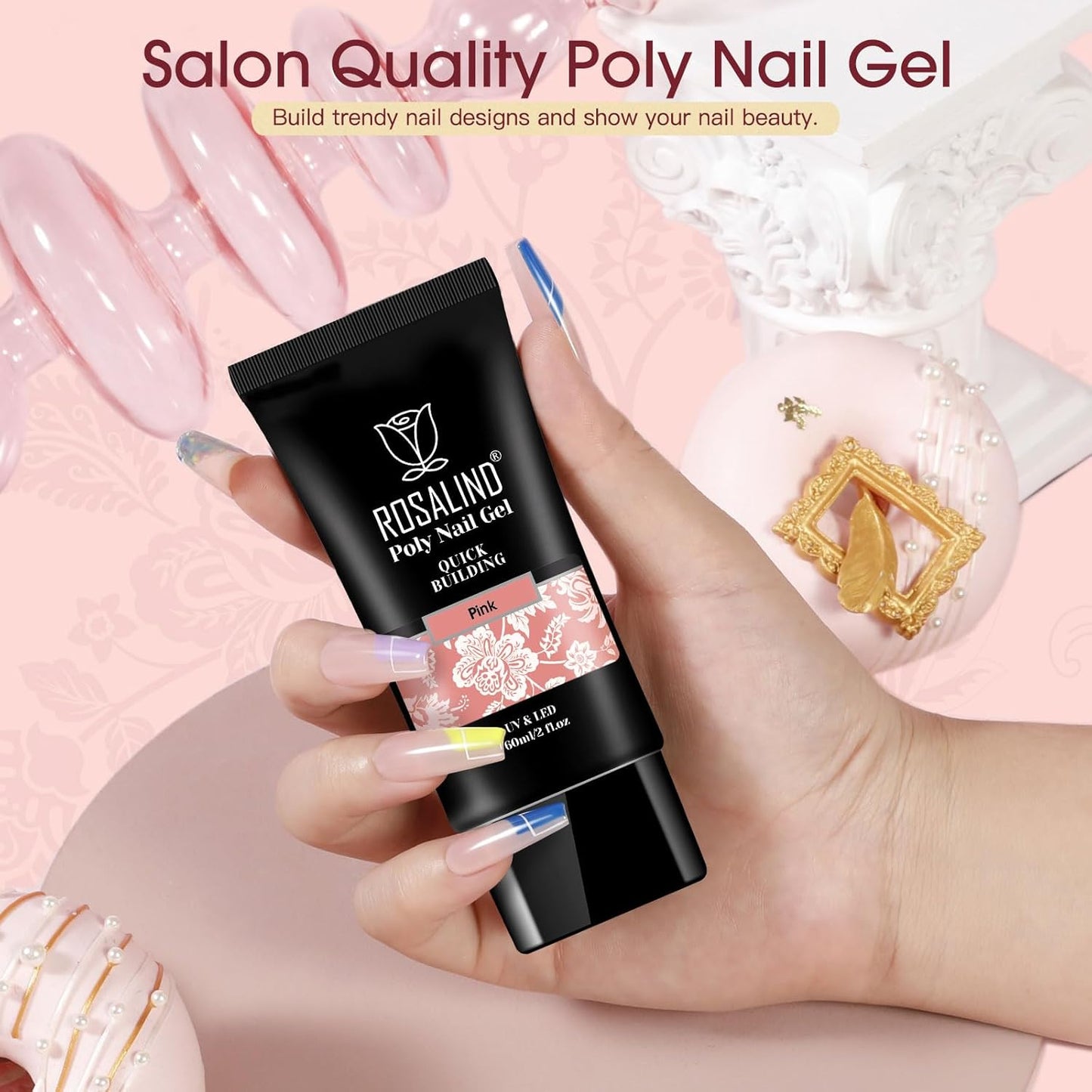 ROSALIND 2 oz Poly Nail Gel Millennial, Pink Poly Extension Gels Jelly Color Builder Pink Gel Quick Building Acrylic Nails Poly Extension Thickening Nail Art Trendy Beauty