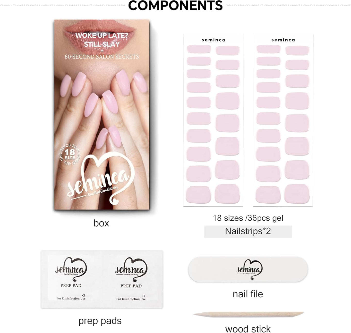 Semi Cured Gel Nail Strips-Salon Shine at Home,Easy Application and Removal,18 Size Press On Nails Kit with Nail File,Works with Any UV/LED Lamps(Bare Pink)