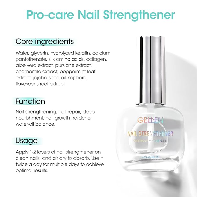 GELLEN Unscent Nail Strengthener, Pro Care 8-In-1 Air Dry Clear Nail Repair Growth Treatment for Weak Nails, Non-Polish, Strengthens & Protects Nails Growth Calcium Keratin Nourish 15ml