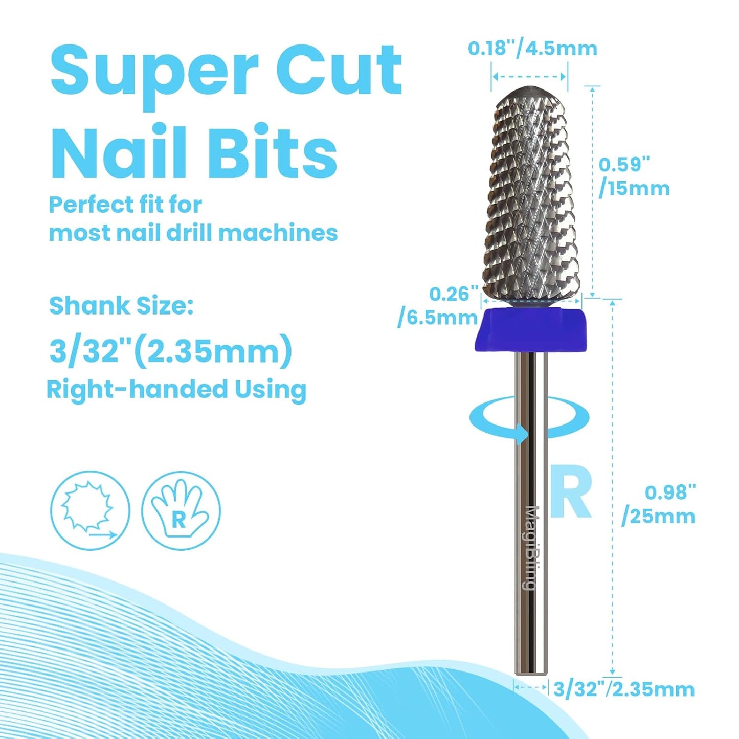 Super Cut Tapered Barrel 3/32'' Safety Tungsten Nail Drill Bits, Remove Gel Fast, Right handed, Suitable for Manicure Pedicure Cuticle Gel Polishing, Technicians Bits, Grit: Medium.