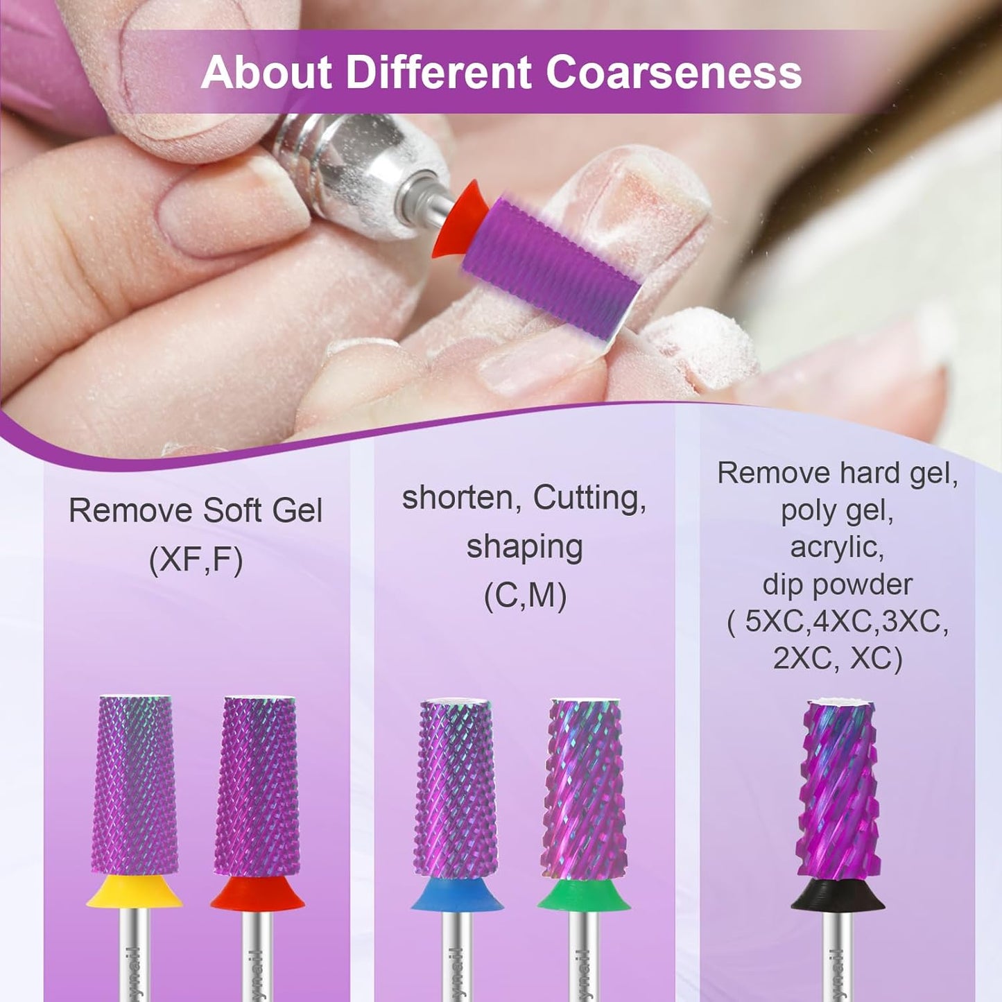 Cnynail 3/32" Large Tapered Barrel Flat Bit Tungsten Carbide Nail Drill Bit Safety Bit for Gel & Acrylic Removal, 2- Way Rotating Efile Tip, Salon Electric File Accessory (F Girt, Purple)